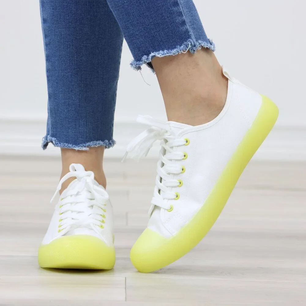 White & Neon Canvas Fabric Fashion Comfort Low Top Sneakers Shoes - Picture 10 of 14